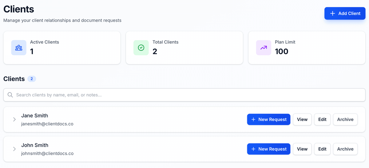 Client management dashboard